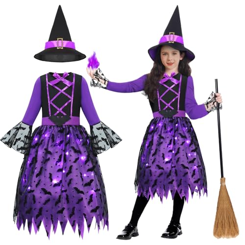 Geplaimir Hexenkostüm Kinder Hexen Kostüm Mädchen Karneval Zauberer Kostüm Mit Licht Hexenkleid mit Hexenhut Hexenbesen Leuchtende Witcher Kostüm Outfit Set für Fasching Halloween G073L von Geplaimir