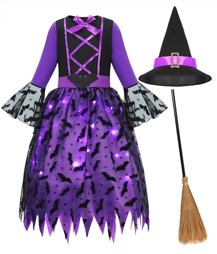 Geplaimir Hexenkostüm Kinder Hexen Kostüm Mädchen Karneval Zauberer Kostüm Mit Licht Hexenkleid mit Hexenhut Hexenbesen Leuchtende Witcher Kostüm Outfit Set für Fasching Halloween G073L von Geplaimir