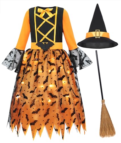 Geplaimir Hexenkostüm Kinder Hexen Kostüm Mädchen Karneval Zauberer Kostüm Mit Licht Hexenkleid mit Hexenhut Hexenbesen Leuchtende Witcher Kostüm Outfit Set für Fasching Halloween G074S von Geplaimir