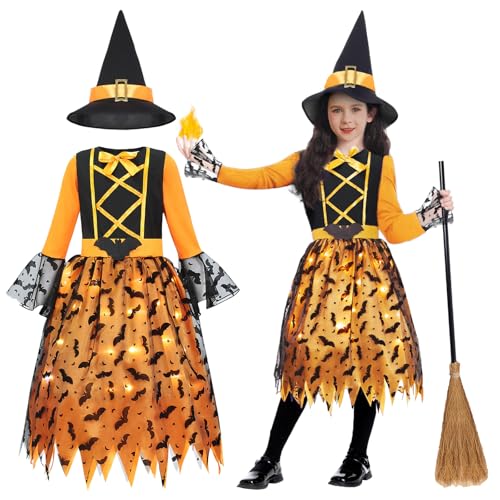 Geplaimir Hexenkostüm Kinder Hexen Kostüm Mädchen Karneval Zauberer Kostüm Mit Licht Hexenkleid mit Hexenhut Hexenbesen Leuchtende Witcher Kostüm Outfit Set für Fasching Halloween G074XL von Geplaimir