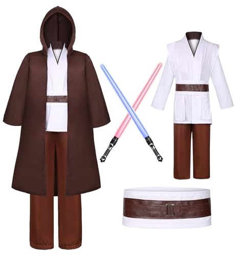 Geplaimir Jedi Kostüm für Kinder mit Blau Lightsaber, Obi Wan Kenobi Tunika Kapuzenmantel Outfit Umhang mit Kapuze Mittelalterlich Hoodies Jedi Robe Cosplay Set für Jungen Halloween Karneval G061-160 von Geplaimir