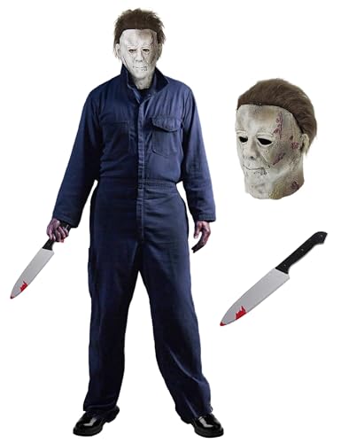 Geplaimir Michael Myers Kostüm für Erwachsene 2-teiliges Herren Halloween Michael Myers Blutverschmiertes Messer Horror Cosplay Kostüm Set für Halloween Arbeitsoveralls Overall Blau Navy 033XXL von Geplaimir