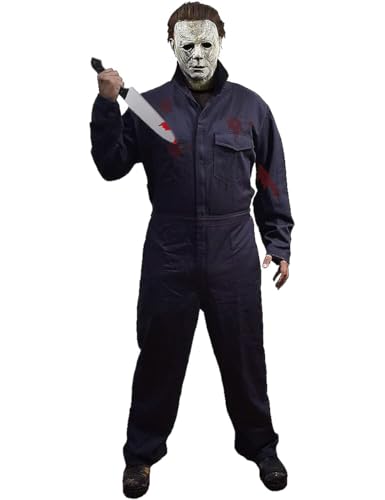 Geplaimir Hallloween Killer Kostüm für Erwachsene 2-teiliges Herren Halloween Costumes Blutverschmiertes Messer Horror Cosplay Kostüm Set für Halloween Arbeitsoveralls Overall Blau Navy 32L von Geplaimir