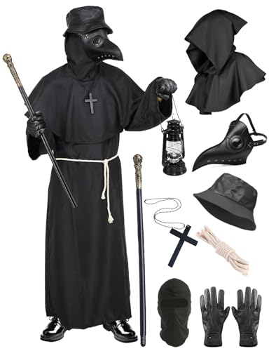 Geplaimir Pestdoktor Kostüm Herren Pestarzt Karneval Kostüm Plague Doctor Cosplay Outfit mit Pestmaske Zepter Hut Handschuhe Mittelalter Steampunk Pest Kostüm für Halloween Fasching G072L von Geplaimir