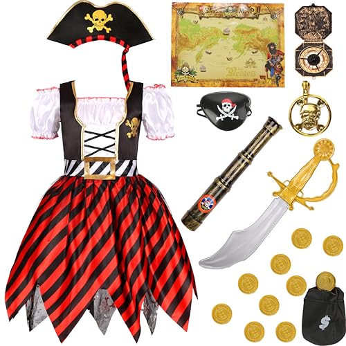 Geplaimir Piratenkostüm Kinder Mädchen 10Pcs Luxus Piraten Zubehör Set Piraten Hut Augenklappe Schnurrbart Seeräuber Kostüm für Karneval Halloween und Piratin Party 4 5 6 7 8 9 10 Jahre alt G051XL von Geplaimir