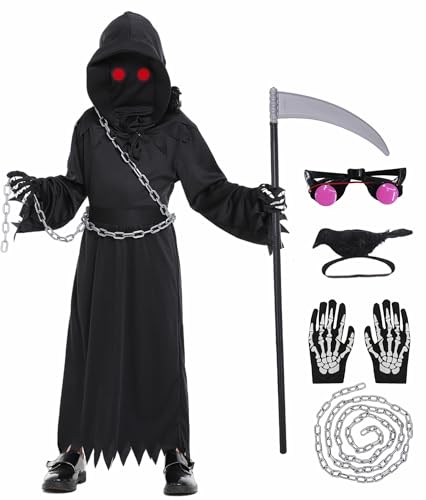 Geplaimir Sensenmann Kostüm Kinder Grim Reaper Kinderkostüm Sense SchädeHandschuhe Krähe Halloween Geisterkostüm Skelettkostüm für Jungen Mädchen G078L von Geplaimir