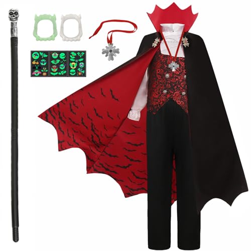 Geplaimir Vampir Kostüm Kinder Halloween Kostüm Jungen Gothic Royal Mittelalter Cosplay Set mit Vampir Cane Kinder-Vampirgebiss Vampir Tattoo Karneval Mottoparty Dracula Party G076-L von Geplaimir