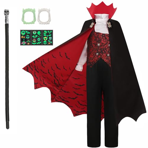 Geplaimir Vampir Kostüm Kinder Halloween Kostüm Jungen Gothic Royal Mittelalter Cosplay Set mit Vampir Cane Kinder-Vampirgebiss Vampir Tattoo Karneval Mottoparty Dracula Party G076L von Geplaimir