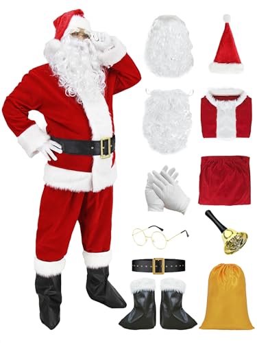 Geplaimir Weihnachtsmann Kostüm Santa Claus Kostüm für Erwachsener Nikolauskostüm Weihnachten Rot Samt Anzug Weihnachts mit Nikolausmütze Perücke Bart Weihnachtsfeier Cosplay Deluxe Set G056XXXXL von Geplaimir