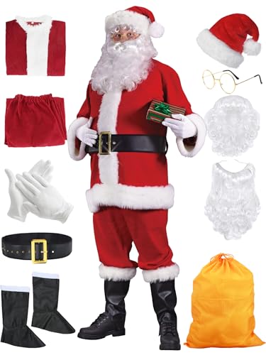 Geplaimir Weihnachtsmann Kostüm Santa Claus Kostüm für Erwachsener Nikolauskostüm Weihnachten Rot Samt Anzug Weihnachts mit Nikolausmütze Perücke Bart Weihnachtsfeier Cosplay Deluxe Set G056XXXL von Geplaimir