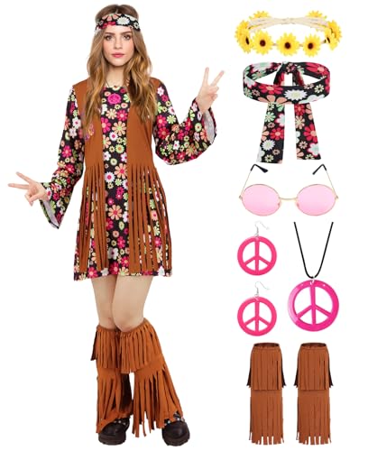 Hippie Kostüm Damen Kleid Set 70er Jahre Faschingskostüme Disco Mottoparty Outfit 60er Bekleidung Frauen für Karneval Weiberfastnacht mit Hippi Kette Ohrringe Stirnband Brille Brosche G082S von Geplaimir