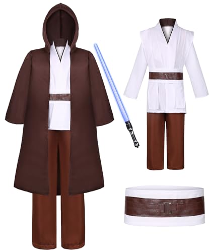 Jedi Kostüm für Herren mit Blau Lightsaber, Obi Wan Kenobi Tunika Kapuzenmantel Outfit Umhang mit Kapuze Mittelalterlich Hoodies Jedi Robe Cosplay Set für Männer Halloween Karneval G058L von Geplaimir