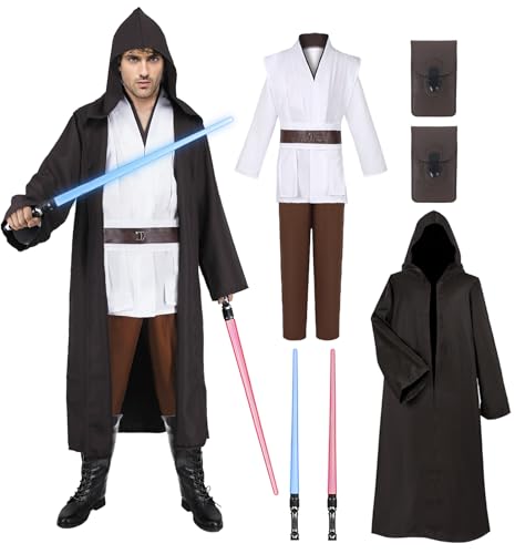 Jedi Kostüm für Herren mit Blau Lightsaber, Obi Wan Kenobi Tunika Kapuzenmantel Outfit Umhang mit Kapuze Mittelalterlich Hoodies Jedi Robe Cosplay Set für Männer Halloween Karneval G058M von Geplaimir