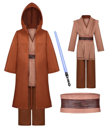 Jedi Kostüm für Herren mit Blau Lightsaber, Obi Wan Kenobi Tunika Kapuzenmantel Outfit Umhang mit Kapuze Mittelalterlich Hoodies Jedi Robe Cosplay Set für Männer Halloween Karneval G059L von Geplaimir