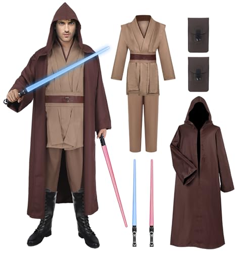 Jedi Kostüm für Herren mit Blau Lightsaber, Obi Wan Kenobi Tunika Kapuzenmantel Outfit Umhang mit Kapuze Mittelalterlich Hoodies Jedi Robe Cosplay Set für Männer Halloween Karneval G059L von Geplaimir