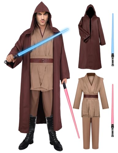 Jedi Kostüm für Herren mit Blau Lightsaber, Obi Wan Kenobi Tunika Kapuzenmantel Outfit Umhang mit Kapuze Mittelalterlich Hoodies Jedi Robe Cosplay Set für Männer Halloween Karneval G059M von Geplaimir