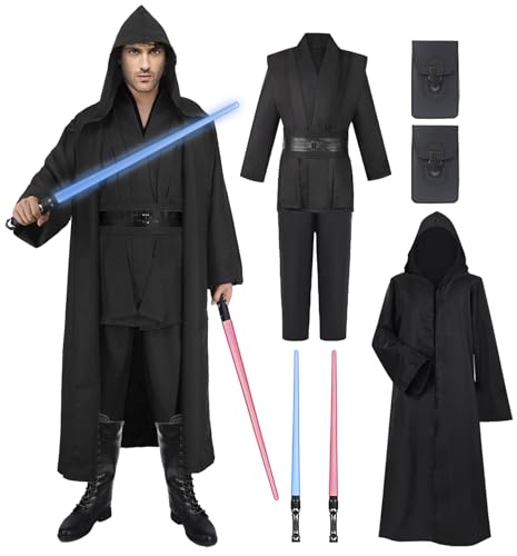 Jedi Kostüm für Herren mit Blau Lightsaber, Obi Wan Kenobi Tunika Kapuzenmantel Outfit Umhang mit Kapuze Mittelalterlich Hoodies Jedi Robe Cosplay Set für Männer Halloween Karneval G060-XL von Geplaimir