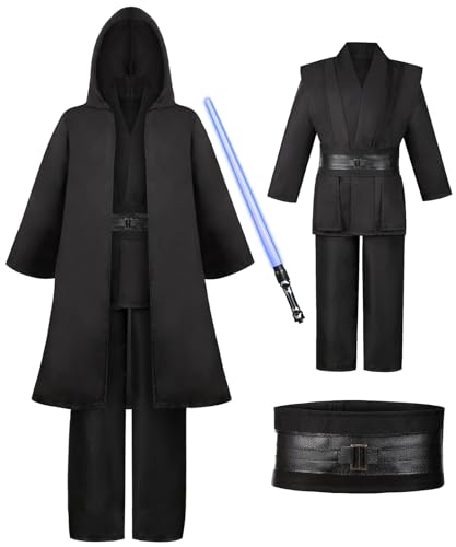 Jedi Kostüm für Herren mit Blau Lightsaber, Obi Wan Kenobi Tunika Kapuzenmantel Outfit Umhang mit Kapuze Mittelalterlich Hoodies Jedi Robe Cosplay Set für Männer Halloween Karneval G060M von Geplaimir