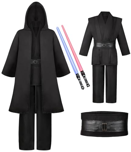 Jedi Kostüm für Herren mit Blau Lightsaber, Obi Wan Kenobi Tunika Kapuzenmantel Outfit Umhang mit Kapuze Mittelalterlich Hoodies Jedi Robe Cosplay Set für Männer Halloween Karneval G060XL von Geplaimir