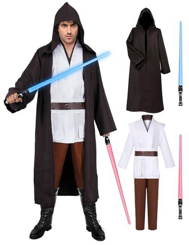 Jedi Kostüm für Herren mit Blau Rot Lightsaber, Obi Wan Kenobi Tunika Kapuzenmantel Outfit Umhang mit Kapuze Mittelalterlich Hoodies Jedi Robe Cosplay Set für Männer Halloween Karneval G058-L von Geplaimir