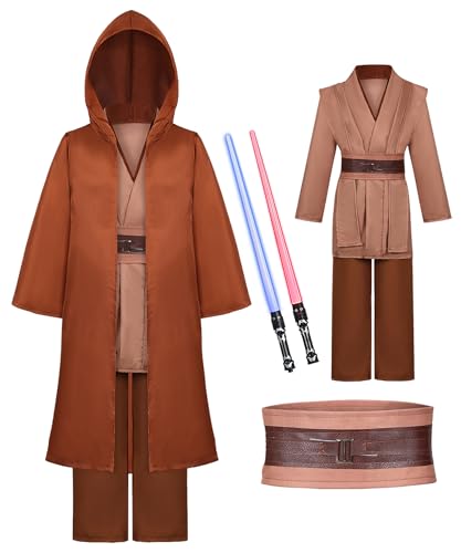 Jedi Kostüm für Herren mit Blau Rot Lightsaber, Obi Wan Kenobi Tunika Kapuzenmantel Outfit Umhang mit Kapuze Mittelalterlich Hoodies Jedi Robe Cosplay Set für Männer Halloween Karneval G059-L von Geplaimir