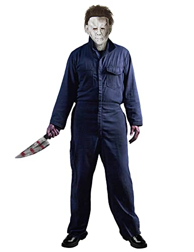 Geplaimir Michael Myers Kostüm für Erwachsene 2-teiliges Herren Halloween Michael Myers Blutverschmiertes Messer Horror Cosplay Kostüm Set für Halloween Arbeitsoveralls Overall Blau Navy 033M von Geplaimir