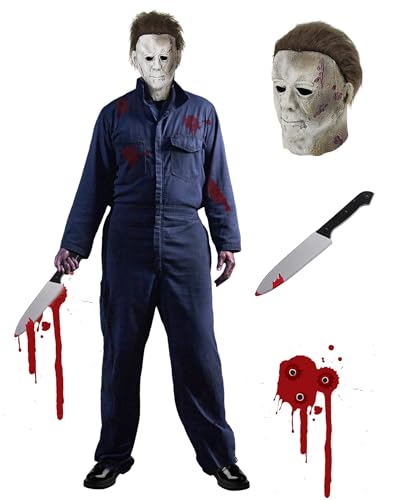 Michael Myers Kostüm für Erwachsene 3-teiliges Herren Halloween Maske und Blutverschmiertes Messer Horror Cosplay Kostüm Set für Halloween Fasching Mottoparty Arbeitsoveralls Overall Blau Navy 027XXXL von Geplaimir