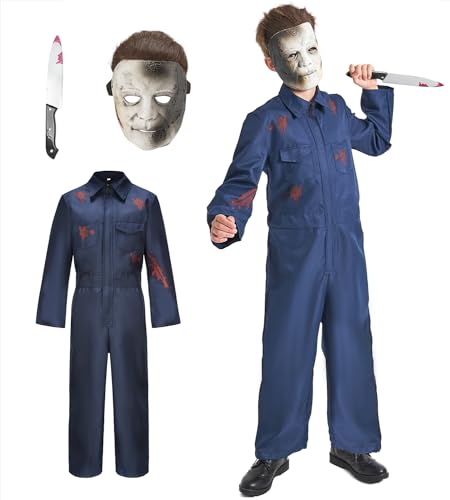 Michael Myers Kostüm für Kinder 3-teiliges Halloween Michael Myers Maske und Blutverschmiertes Messer Horror Cosplay Kostüm Set für Halloween Fasching Arbeitsoveralls Overall Blau Navy G048L von Geplaimir