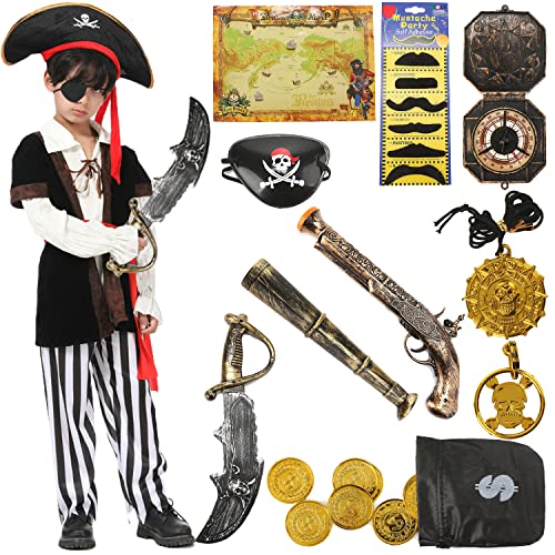 Piratenkostüm Kinder Jungen 12Pcs Luxus Piraten Zubehör Set Piraten Hut Augenklappe Schnurrbart Piratenkostüm Zubehör für Karneval, Halloween und Piraten Party 4 5 6 7 8 9 10 Jahre alt G036L von Geplaimir