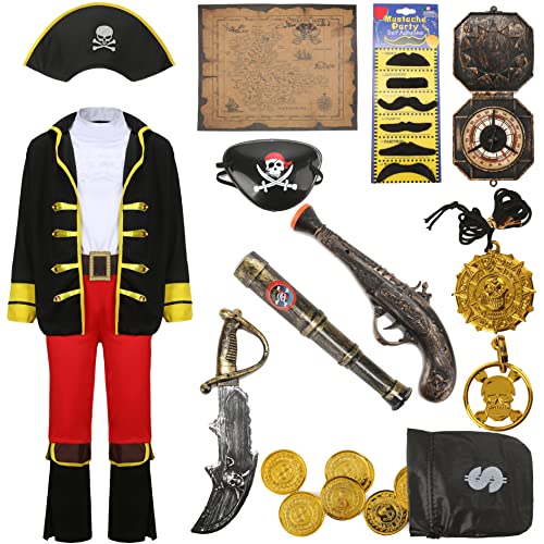 Piratenkostüm Kinder Jungen mit Piraten Zubehör Set Piraten Hut Augenklappe Schatzkarte Schnurrbart Kompass Teleskop etc. Fasching Halloween Verkleidung Piraten Party Kostüm 3-10 Jahre alt G037-L von Geplaimir