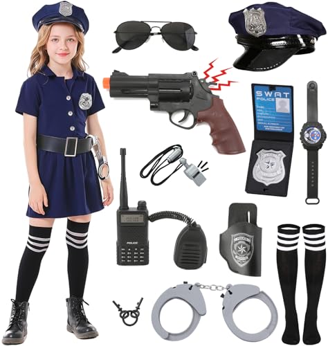 Polizei Kostüm Mädchen 12pcs Polizei Ausrüstung Polizeikelle Polizeisignal Gürtel Baton Fackel Handschellen Polizei Spielzeug set für Kinder Mädchen Halloween Karneval Geburtstag Polizeikostüm G038XL von Geplaimir