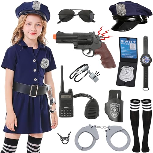 Geplaimir Polizei Kostüm Mädchen 12pcs Polizei Ausrüstung Polizeikelle Polizeisignal Gürtel Handschellen Polizei Spielzeug set für Kinder Mädchen Halloween Karneval Geburtstag Polizeikostüm G038XL von Geplaimir