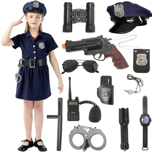 Polizei Kostüm Mädchen 12pcs Polizei Ausrüstung Polizeikelle Polizeisignal Gürtel Baton Fackel Handschellen Polizei Spielzeug set für Kinder Mädchen Halloween Karneval Geburtstag Polizeikostüm G038M von Geplaimir