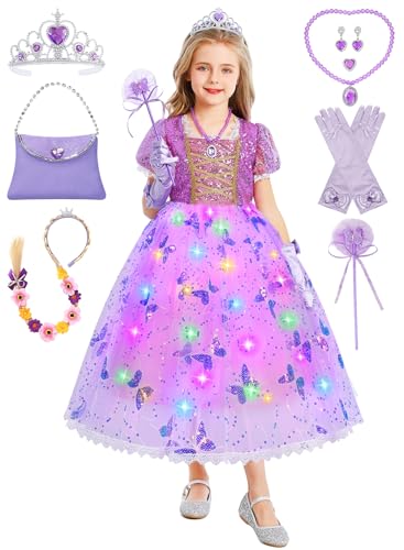 Rapunzel Kostüm Mädchen, Prinzessin Rapunzel Kostüm Kinder, Lila Puffärmel Kleid Faschingskostüm Festliches Kleid für Karneval Fastnacht Geburtstag mit Perücke Handtasche Krone Zauberstab G084L von Geplaimir