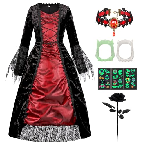 Vampir Kostüm Kinder Königin Halloween Kostüm Mädchen Kleid Verkleidung mit Halsband und Schwarz Gothic Rose Kinder-Vampirgebiss Vampir Halskette Karneval Mottoparty Dracula Cosplay Party G052L von Geplaimir