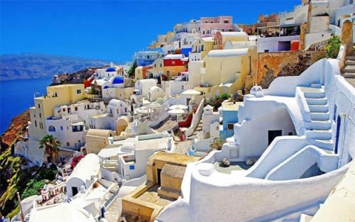 Puzzle für Erwachsene, 1000 Teile, SANTORINI SKYLINE Glänzende Holzpuzzles griechische Insel, Ägäische Meeresfira, A220, anspruchsvolle Puzzles für Freunde, Familie, Wanddekoration von Geroclonup