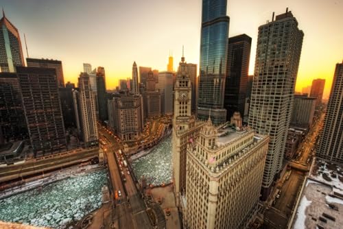 Puzzle für Erwachsene, 1000 Teile, langer Sonnenuntergang in der Smaragdstadt, Chicago Illinois, Foto, Fotografie, Familie, lustig, herausfordernd, Urlaubspuzzle, Geschenk von Geroclonup