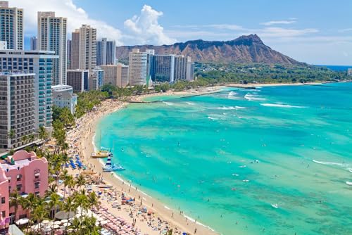 Puzzle für Erwachsene 1000 Teile Waikiki Strand Honolulu Hawaii Sonnenuntergang Palmenlandschaft Bilder Ozean Landschaft Landschaft Tropische Natur Familie Lustig Herausfordernd Urlaub Puzzles von Geroclonup