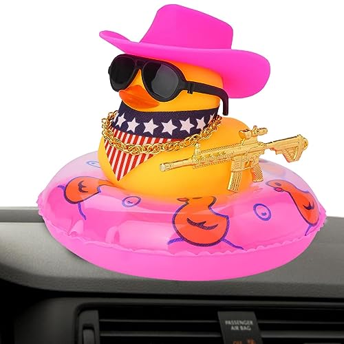 Geruwam Auto Gummiente Dekoration | West Cowboy Ente Zubehör - Gelbe Gummiente mit Sonnenhut Schwimmring Halskette und Sonnenbrille für Auto Armaturenbrett Esstisch von Geruwam