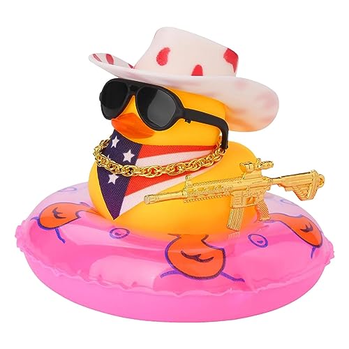 Geruwam Auto-Gummiente Dekoration – West Cowboy-Ente Zubehör für Armaturenbrett, gelbe Gummiente mit Sonnenhut, Schwimmring, Halskette, Sonnenbrille, Ornament für Wohnzimmer, Poolparty von Geruwam