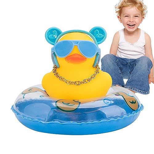 Geruwam Gummi-Ente fürs Auto, Gummiente, Quietschspielzeug, Auto-Ornamente, gelbe Ente, Armaturenbrett-Dekorationen, Auto-Dekor-Zubehör mit Stirnband, Schwimmring, Halskette, Sonnenbrille für Zuhause von Geruwam