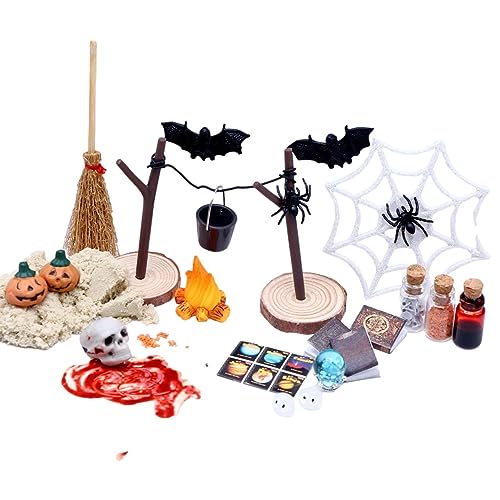 Geruwam Halloween - 27 Stück Miniatur Spukhaus mit Kürbis, Totenköpfen, Köpfen, Fledermaus, Figurenset ABS Material Miniatur Hexenhaus Platzsparend für Halloween Dekor von Geruwam