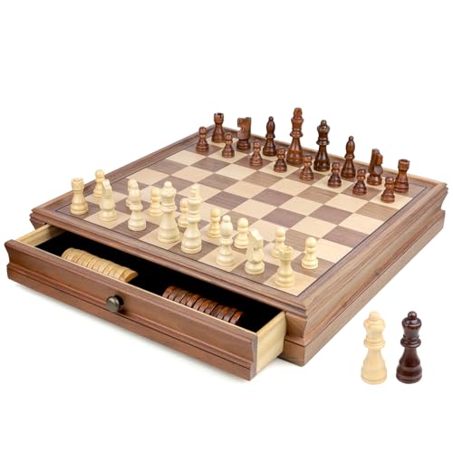 Gesserit 15" Schachbrett aus Holz mit eingebauter Aufbewahrungsschublade, 2-in-1 Schach- und Dame-Brettspiele für Erwachsene und Kinder von Gesserit