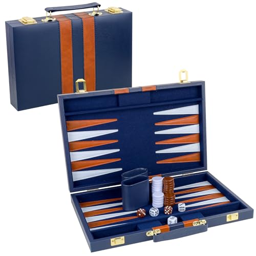 Gesserit Backgammon-Set 2 Spieler Klassisches Backgammon-Set für Erwachsene Brettspiel mit hochwertigem PU-Lederetui Tragbares und Reise-Backgammon-Set (Marineblau, 15 Zoll) von Gesserit