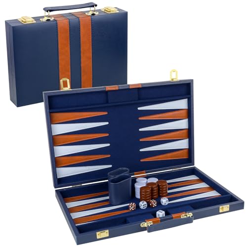 Gesserit Backgammon-Set 2 Spieler Klassisches Backgammon-Set für Erwachsene Brettspiel mit hochwertigem PU-Lederetui Tragbares und Reise-Backgammon-Set (Marineblau, 18 Zoll) von Gesserit