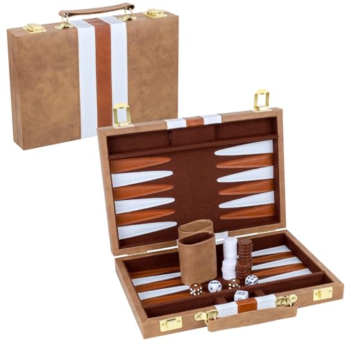 Gesserit Backgammon-Set 2 Spieler Klassisches Backgammon-Set für Erwachsene Brettspiel mit hochwertigem PU-Lederetui Tragbares und Reise-Backgammon-Set (Retro-Braun, 11 Zoll) von Gesserit