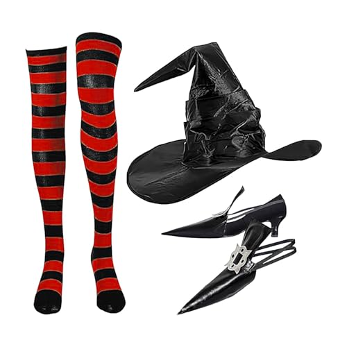 Geteawily Halloween-Kostüme für Damen, Halloween-Verkleidungsset – gruselige, spitze Hexenschuhe, Dekoration, gestreifte kniehohe Socken, Hexenhut-Set für Halloween- von Geteawily