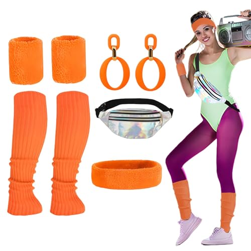 Geteawily Neon Bauchtasche – Cosplay 80er Jahre Outfit für Frauen | Workout-Kostüm-Set mit Ohrringen, Armband, Beinstulpen, Stirnband, Bauchtasche von Geteawily