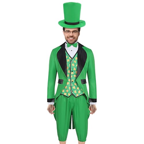 Geteawily St Patricks Day Kostüm für Herren, Erwachsenenkostüm, Grüner Kobold, Kostüm, Anzug, Mehrzweck-Cosplay-Kostüme für Feiern, Bühnenshows, Pretend Games, Faschingspartys, Geburtstagsfeiern von Geteawily