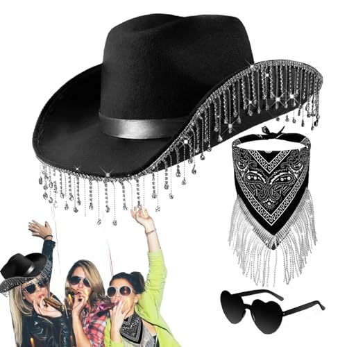 Geteawily Strass-Cowgirl-Hüte für Frauen, Cowgirl-Hut mit Herzbrille, 3er Set Strass Cowgirl Schal, Herz-Brillen-Set für Halloween, Maskerade, Abschlussfeier, Cosplay-Zubehör von Geteawily